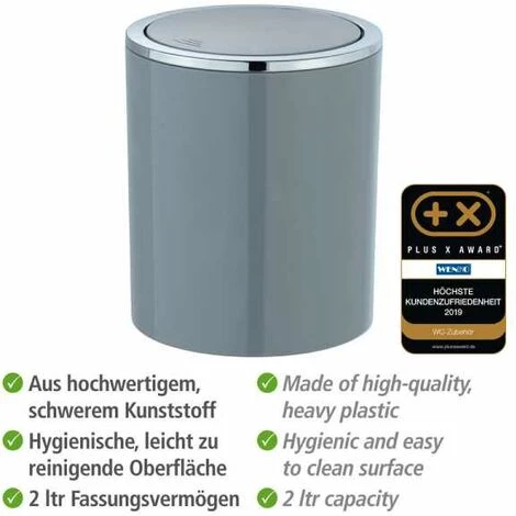 WENKO Mini Poubelle Salle De Bain Inca, Poubelle à Couvercle Basculant, Capacité 2L, Plastique Haut De Gamme, Ø 14 X 16,8 Cm, Gris 5 WENKO Mini Poubelle Salle De Bain Inca, Poubelle à Couvercle Basculant, Capacité 2L, Plastique Haut De Gamme, Ø 14 X 16,8 Cm, Gris – Image 3