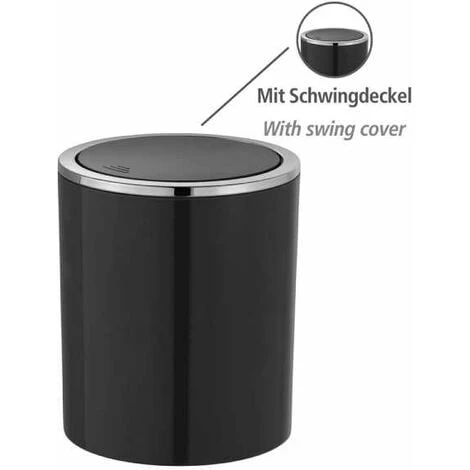 WENKO Mini Poubelle Salle De Bain Inca, Poubelle à Couvercle Basculant, Capacité 2L, Plastique Haut De Gamme, Ø 14 X 16,8 Cm, Noir 4 WENKO Mini Poubelle Salle De Bain Inca, Poubelle à Couvercle Basculant, Capacité 2L, Plastique Haut De Gamme, Ø 14 X 16,8 Cm, Noir – Image 2