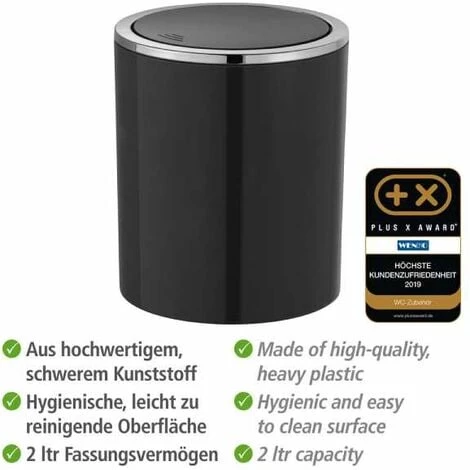 WENKO Mini Poubelle Salle De Bain Inca, Poubelle à Couvercle Basculant, Capacité 2L, Plastique Haut De Gamme, Ø 14 X 16,8 Cm, Noir 5 WENKO Mini Poubelle Salle De Bain Inca, Poubelle à Couvercle Basculant, Capacité 2L, Plastique Haut De Gamme, Ø 14 X 16,8 Cm, Noir – Image 3