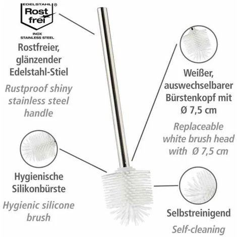 WENKO Brosse WC De Rechange Silicone Avec Manche Acier Inox, Brosse WC Silicone Blanc, Acier Inox - Silicone, Ø 7,5x35 Cm, Chromé - Blanc 5 WENKO Brosse WC De Rechange Silicone Avec Manche Acier Inox, Brosse WC Silicone Blanc, Acier Inox - Silicone, Ø 7,5x35 Cm, Chromé - Blanc – Image 3