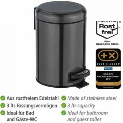 WENKO Poubelle à Pédale Leman, Mini Poubelle Salle De Bain, Capacité 3L, Acier Inox, 17x25x22,5 Cm, Noir Métallique -WENKO Soldes 16527661 3