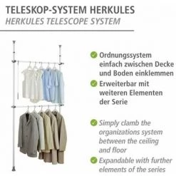 WENKO Portant Vêtement Téléscopique Pour Dressing Sur Mesure Hercules Basic, Garde Robe Telescopique Solution Sans Perçage, Réglable En Longueur Et Hauteur, Acier, 75-120x165-300x11 Cm, Blanc -WENKO Soldes 16527735 4