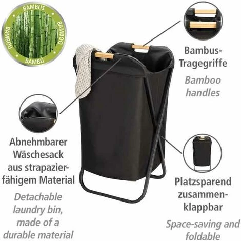 WENKO Panier à Linge Noir Loft, Coffre à Linge Salle De Bain Avec Poignée De Transport Et Sac à Linge Sale Amovible, Style Industriel, Capacité 115 Litres, Polyester - Bambou - Acier, 41x71x42 Cm, Noir 4 WENKO Panier à Linge Noir Loft, Coffre à Linge Salle De Bain Avec Poignée De Transport Et Sac à Linge Sale Amovible, Style Industriel, Capacité 115 Litres, Polyester - Bambou - Acier, 41x71x42 Cm, Noir – Image 2