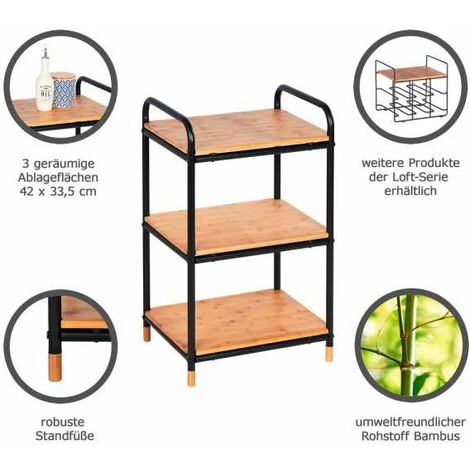 WENKO Etagere Rangement Cuisine Loft, étagère Bois Et Métal Noir Sur Pied 3 étagères De Rangement, Bambou - Métal, 42x69x33,5 Cm, Noir - Marron 5 WENKO Etagere Rangement Cuisine Loft, étagère Bois Et Métal Noir Sur Pied 3 étagères De Rangement, Bambou - Métal, 42x69x33,5 Cm, Noir - Marron – Image 3