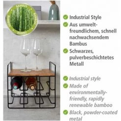 WENKO Meuble Range Bouteille Loft, Rangement De Style Industriel Jusqu'à 6 Bouteilles Et Plateau En Bambou , Acier - Bambou, 30x27,5x24 Cm, Noir - Marron -WENKO Soldes 16527754 3