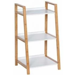 WENKO Étagère Salle De Bain Bambou Finja, Petit Meuble De Rangement Salle De Bain, 3 étagères Sur Pied, Bambou - MDF, 43x76x36 Cm, Blanc - Marron