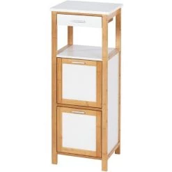 WENKO Meuble Colonne étagère Finja, Colonne Salle De Bain Avec 2 Tiroirs De Rangement, Bois Bambou - MDF, 34x89x30 Cm, Marron - Blanc