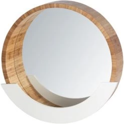 WENKO Miroir Rond Mural Finja, Miroir Bois Avec Espace De Rangement, Miroir Mural Style Scandinave Pour L'entrée, Le Salon, La Chambre Ø35cm, Bambou - MDF, 39x38x9,5 Cm, Marron - Blanc