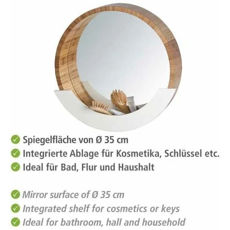 WENKO Miroir Rond Mural Finja, Miroir Bois Avec Espace De Rangement, Miroir Mural Style Scandinave Pour L'entrée, Le Salon, La Chambre Ø35cm, Bambou - MDF, 39x38x9,5 Cm, Marron - Blanc 4 WENKO Miroir Rond Mural Finja, Miroir Bois Avec Espace De Rangement, Miroir Mural Style Scandinave Pour L'entrée, Le Salon, La Chambre Ø35cm, Bambou - MDF, 39x38x9,5 Cm, Marron - Blanc – Image 2