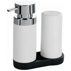 WENKO Station De Lavage Easy-Squeeze, Distributeur Liquide Vaisselle Et Distributeur Savon Liquide, Capacité 250 Ml, Plastique - Silicone, 15x18x7 Cm, Blanc