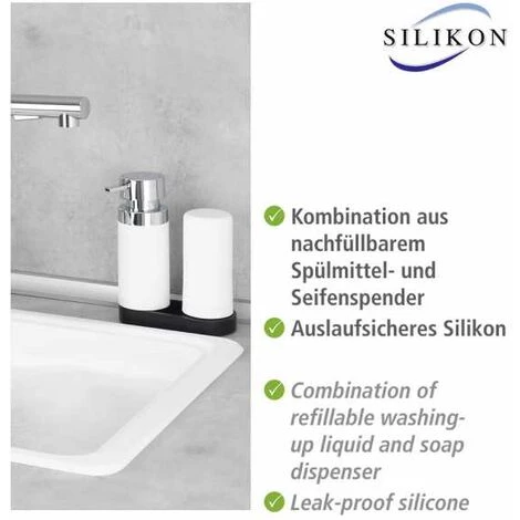 WENKO Station De Lavage Easy-Squeeze, Distributeur Liquide Vaisselle Et Distributeur Savon Liquide, Capacité 250 Ml, Plastique - Silicone, 15x18x7 Cm, Blanc 5 WENKO Station De Lavage Easy-Squeeze, Distributeur Liquide Vaisselle Et Distributeur Savon Liquide, Capacité 250 Ml, Plastique - Silicone, 15x18x7 Cm, Blanc – Image 3