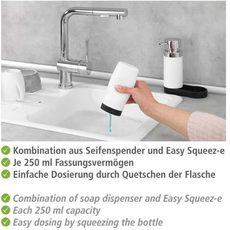 WENKO Station De Lavage Easy-Squeeze, Distributeur Liquide Vaisselle Et Distributeur Savon Liquide, Capacité 250 Ml, Plastique - Silicone, 15x18x7 Cm, Blanc 6 WENKO Station De Lavage Easy-Squeeze, Distributeur Liquide Vaisselle Et Distributeur Savon Liquide, Capacité 250 Ml, Plastique - Silicone, 15x18x7 Cm, Blanc – Image 4