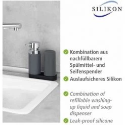 WENKO Station De Lavage Easy-Squeeze, Distributeur Liquide Vaisselle Et Distributeur Savon Liquide, Capacité 250 Ml, Plastique - Silicone, 15x18x7 Cm, Gris -WENKO Soldes 16527890 3