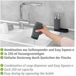 WENKO Station De Lavage Easy-Squeeze, Distributeur Liquide Vaisselle Et Distributeur Savon Liquide, Capacité 250 Ml, Plastique - Silicone, 15x18x7 Cm, Gris -WENKO Soldes 16527890 4