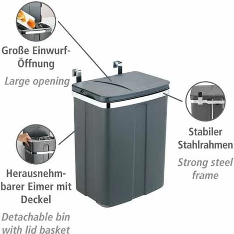 WENKO Poubelle De Porte, Poubelle à Suspendre Sur Les Portes De Tiroirs Et De Placard, Pour La Salle De Bain Et La Cuisine, Fixation Sans Perçage, Capacité 12L, Plastique - Acier, 26x34x17 Cm, Gris 4 WENKO Poubelle De Porte, Poubelle à Suspendre Sur Les Portes De Tiroirs Et De Placard, Pour La Salle De Bain Et La Cuisine, Fixation Sans Perçage, Capacité 12L, Plastique - Acier, 26x34x17 Cm, Gris – Image 2