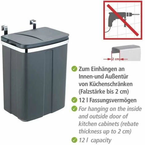 WENKO Poubelle De Porte, Poubelle à Suspendre Sur Les Portes De Tiroirs Et De Placard, Pour La Salle De Bain Et La Cuisine, Fixation Sans Perçage, Capacité 12L, Plastique - Acier, 26x34x17 Cm, Gris 5 WENKO Poubelle De Porte, Poubelle à Suspendre Sur Les Portes De Tiroirs Et De Placard, Pour La Salle De Bain Et La Cuisine, Fixation Sans Perçage, Capacité 12L, Plastique - Acier, 26x34x17 Cm, Gris – Image 3