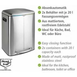 WENKO Poubelle Cuisine Double Primo, Poubelle Tri Sélectif, Poubelle à Pédale Avec Deux Compartiments, Frein De Chute "easy Close", 2x20L, Acier Inox, 45x60x42 Cm, Mat -WENKO Soldes 16527943 4