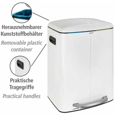 WENKO Poubelle Cuisine Double Primo, Poubelle Tri Sélectif, Poubelle à Pédale Avec Deux Compartiments, Frein De Chute "easy Close", 2x20L, Acier Inox, 45x60x42 Cm, Blanc 3 WENKO Poubelle Cuisine Double Primo, Poubelle Tri Sélectif, Poubelle à Pédale Avec Deux Compartiments, Frein De Chute "easy Close", 2x20L, Acier Inox, 45x60x42 Cm, Blanc – Image 2