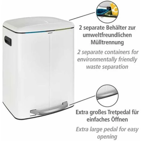 WENKO Poubelle Cuisine Double Primo, Poubelle Tri Sélectif, Poubelle à Pédale Avec Deux Compartiments, Frein De Chute "easy Close", 2x20L, Acier Inox, 45x60x42 Cm, Blanc 4 WENKO Poubelle Cuisine Double Primo, Poubelle Tri Sélectif, Poubelle à Pédale Avec Deux Compartiments, Frein De Chute "easy Close", 2x20L, Acier Inox, 45x60x42 Cm, Blanc – Image 3