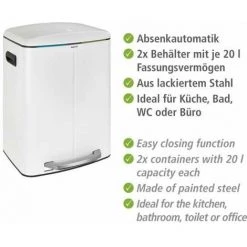 WENKO Poubelle Cuisine Double Primo, Poubelle Tri Sélectif, Poubelle à Pédale Avec Deux Compartiments, Frein De Chute "easy Close", 2x20L, Acier Inox, 45x60x42 Cm, Blanc 9 WENKO Poubelle Cuisine Double Primo, Poubelle Tri Sélectif, Poubelle à Pédale Avec Deux Compartiments, Frein De Chute "easy Close", 2x20L, Acier Inox, 45x60x42 Cm, Blanc -WENKO Soldes 16527947 4