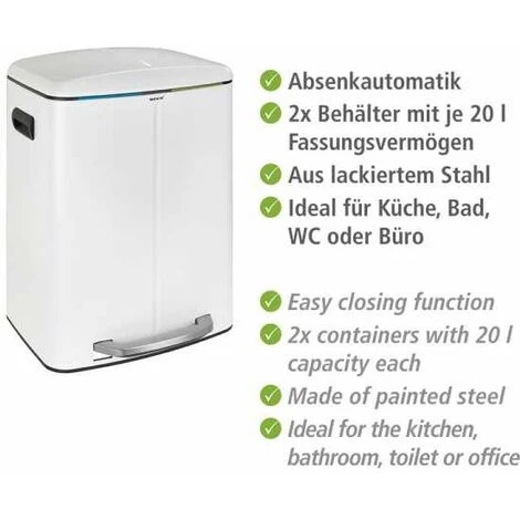 WENKO Poubelle Cuisine Double Primo, Poubelle Tri Sélectif, Poubelle à Pédale Avec Deux Compartiments, Frein De Chute "easy Close", 2x20L, Acier Inox, 45x60x42 Cm, Blanc 5 WENKO Poubelle Cuisine Double Primo, Poubelle Tri Sélectif, Poubelle à Pédale Avec Deux Compartiments, Frein De Chute "easy Close", 2x20L, Acier Inox, 45x60x42 Cm, Blanc – Image 4
