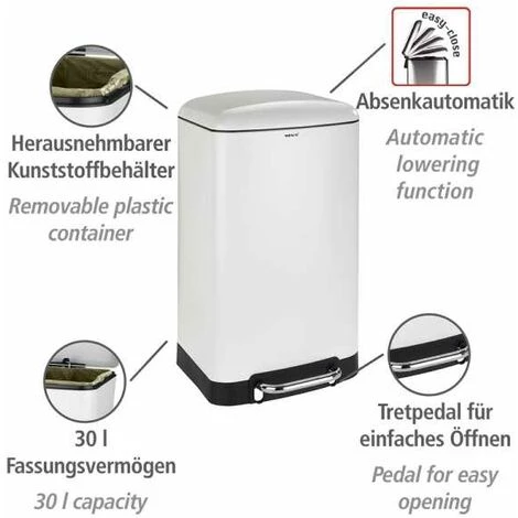 WENKO Poubelle 30L Studio, Poubelle Cuisine à Pédale Avec Frein De Chute "Easy Close", Acier - Plastique, 34x61x32,5 Cm, Blanc - Noir 4 WENKO Poubelle 30L Studio, Poubelle Cuisine à Pédale Avec Frein De Chute "Easy Close", Acier - Plastique, 34x61x32,5 Cm, Blanc - Noir – Image 2