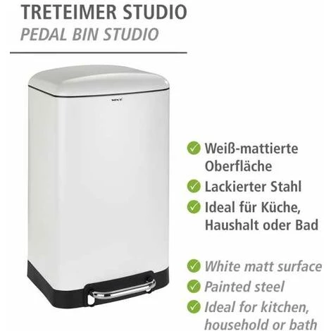 WENKO Poubelle 30L Studio, Poubelle Cuisine à Pédale Avec Frein De Chute "Easy Close", Acier - Plastique, 34x61x32,5 Cm, Blanc - Noir 5 WENKO Poubelle 30L Studio, Poubelle Cuisine à Pédale Avec Frein De Chute "Easy Close", Acier - Plastique, 34x61x32,5 Cm, Blanc - Noir – Image 3