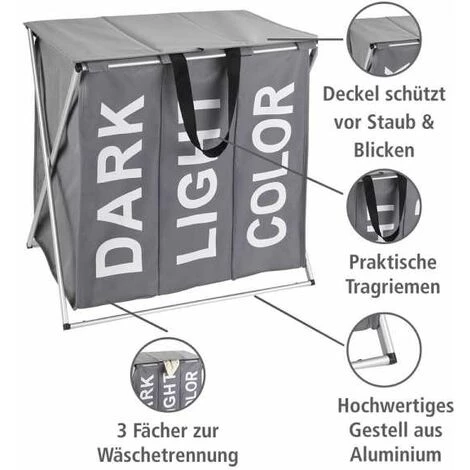 WENKO Panier à Linge 3 Compartiments Trio Top, Panier Linge Sale Avec Compartiment, Inscription Design, Capacité 118L, Polyester - Alu, 57x57x38 Cm, Gris 4 WENKO Panier à Linge 3 Compartiments Trio Top, Panier Linge Sale Avec Compartiment, Inscription Design, Capacité 118L, Polyester - Alu, 57x57x38 Cm, Gris – Image 2