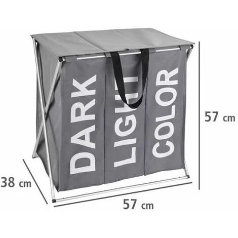 WENKO Panier à Linge 3 Compartiments Trio Top, Panier Linge Sale Avec Compartiment, Inscription Design, Capacité 118L, Polyester - Alu, 57x57x38 Cm, Gris 6 WENKO Panier à Linge 3 Compartiments Trio Top, Panier Linge Sale Avec Compartiment, Inscription Design, Capacité 118L, Polyester - Alu, 57x57x38 Cm, Gris – Image 4