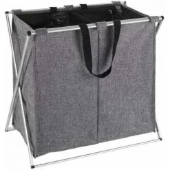 WENKO Panier à Linge Duo, Panier à Linge 2 Compartiments Avec Poignée De Transport, Capacité 120L, Cadre Aluminium - Tissu Polyester, 59x57x38, Gris Chiné