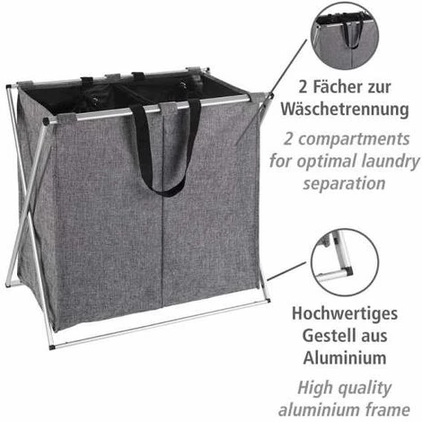WENKO Panier à Linge Duo, Panier à Linge 2 Compartiments Avec Poignée De Transport, Capacité 120L, Cadre Aluminium - Tissu Polyester, 59x57x38, Gris Chiné 5 WENKO Panier à Linge Duo, Panier à Linge 2 Compartiments Avec Poignée De Transport, Capacité 120L, Cadre Aluminium - Tissu Polyester, 59x57x38, Gris Chiné – Image 3
