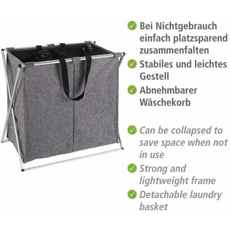 WENKO Panier à Linge Duo, Panier à Linge 2 Compartiments Avec Poignée De Transport, Capacité 120L, Cadre Aluminium - Tissu Polyester, 59x57x38, Gris Chiné 6 WENKO Panier à Linge Duo, Panier à Linge 2 Compartiments Avec Poignée De Transport, Capacité 120L, Cadre Aluminium - Tissu Polyester, 59x57x38, Gris Chiné – Image 4