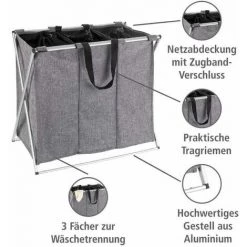 WENKO Panier à Linge Trio, Panier à Linge 3 Compartiments Avec Poignée De Transport, Capacité 130L, Cadre Aluminium - Tissu Polyester, 63x57x38, Gris Chiné 8 WENKO Panier à Linge Trio, Panier à Linge 3 Compartiments Avec Poignée De Transport, Capacité 130L, Cadre Aluminium - Tissu Polyester, 63x57x38, Gris Chiné -WENKO Soldes 16528028 2