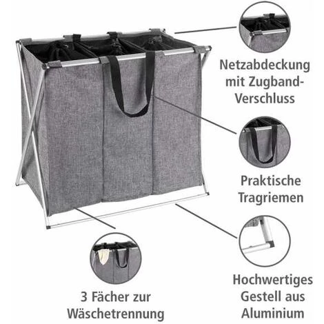WENKO Panier à Linge Trio, Panier à Linge 3 Compartiments Avec Poignée De Transport, Capacité 130L, Cadre Aluminium - Tissu Polyester, 63x57x38, Gris Chiné 4 WENKO Panier à Linge Trio, Panier à Linge 3 Compartiments Avec Poignée De Transport, Capacité 130L, Cadre Aluminium - Tissu Polyester, 63x57x38, Gris Chiné – Image 2