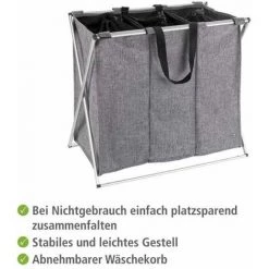 WENKO Panier à Linge Trio, Panier à Linge 3 Compartiments Avec Poignée De Transport, Capacité 130L, Cadre Aluminium - Tissu Polyester, 63x57x38, Gris Chiné 9 WENKO Panier à Linge Trio, Panier à Linge 3 Compartiments Avec Poignée De Transport, Capacité 130L, Cadre Aluminium - Tissu Polyester, 63x57x38, Gris Chiné -WENKO Soldes 16528028 3