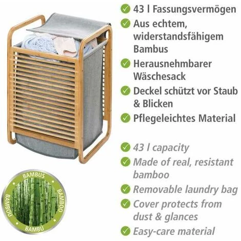 WENKO Panier à Linge Bahari, Coffre à Linge Design Avec Cadre En Bambou, Capacité 43L, Bambou - Polyester, 40x60x35 Cm, Marron - Gris 4 WENKO Panier à Linge Bahari, Coffre à Linge Design Avec Cadre En Bambou, Capacité 43L, Bambou - Polyester, 40x60x35 Cm, Marron - Gris – Image 2