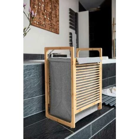 WENKO Panier à Linge Bahari, Coffre à Linge Design Avec Cadre En Bambou, Capacité 43L, Bambou - Polyester, 40x60x35 Cm, Marron - Gris 7 WENKO Panier à Linge Bahari, Coffre à Linge Design Avec Cadre En Bambou, Capacité 43L, Bambou - Polyester, 40x60x35 Cm, Marron - Gris – Image 5