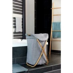 WENKO Panier à Linge Bahari, Panier à Linge Design Avec Cadre En Bambou, Capacité 79L, Bambou - Polyester, 40x68x46 Cm, Marron - Gris -WENKO Soldes 16528039 5