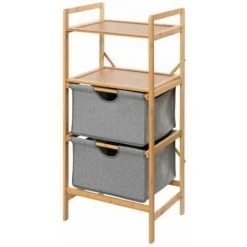 WENKO Étagère Salle De Bain Avec Panier Bahari, Rangement Salle De Bain Avec 2 étagères Et 2 Paniers, Bambou -polyester, 44x96x34 Cm, Marron - Gris