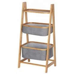 WENKO Étagère Bois Bambou Bahari, Rangement Salle De Bain Avec 2 Paniers Et Tablette Décorative, Bambou - Polyester, 44x91x34 Cm, Marron - Gris