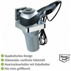 WENKO Porte Sèche-cheveux Mural Quadro, Support Sèche Cheveux Mural Vacuum-Loc® Fixation Sans Perçage Repositionnable & Amovible Sans Résidus, Acier Inox, 14x7,5x13,5 Cm, Brillant -WENKO Soldes 16548331 3