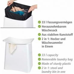 WENKO Tabouret Panier à Linge Wing, Panier à Linge Sale Avec Sac à Linge Amovible, Charge 120kg, Capacité 33L, Plastique, 45x48x33 Cm, Blanc -WENKO Soldes 16548338 3