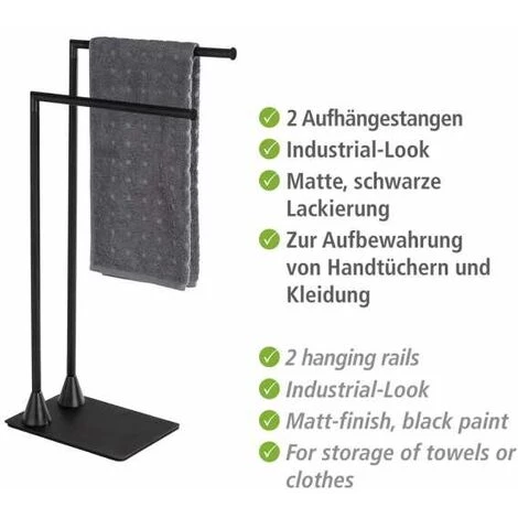 WENKO Porte Serviette Salle De Bain Sur Pied Hella, Porte Serviette Noir, Acier, 43,5x78,5x20 Cm, Noir Mat 4 WENKO Porte Serviette Salle De Bain Sur Pied Hella, Porte Serviette Noir, Acier, 43,5x78,5x20 Cm, Noir Mat – Image 2