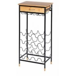 WENKO Étagère à Vin, Porte Bouteille Design Loft Pour 16 Bouteilles Avec Tiroir Et Porte Verre Suspendu, Acier - Bambou, 48x95x30 Cm, Noir - Marron