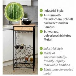 WENKO Étagère à Vin, Porte Bouteille Design Loft Pour 16 Bouteilles Avec Tiroir Et Porte Verre Suspendu, Acier - Bambou, 48x95x30 Cm, Noir - Marron -WENKO Soldes 16548369 3