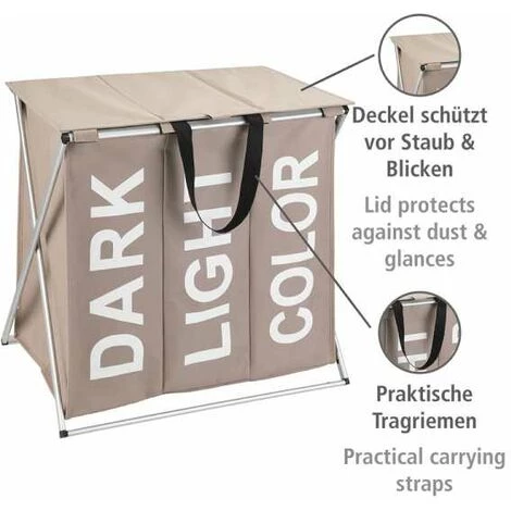 WENKO Panier à Linge 3 Compartiments Trio Top, Panier Linge Sale Avec Compartiment, Inscription Design, Capacité 118L, Polyester - Alu, 57x57x38 Cm, Taupe 4 WENKO Panier à Linge 3 Compartiments Trio Top, Panier Linge Sale Avec Compartiment, Inscription Design, Capacité 118L, Polyester - Alu, 57x57x38 Cm, Taupe – Image 2