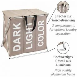 WENKO Panier à Linge 3 Compartiments Trio Top, Panier Linge Sale Avec Compartiment, Inscription Design, Capacité 118L, Polyester - Alu, 57x57x38 Cm, Taupe 9 WENKO Panier à Linge 3 Compartiments Trio Top, Panier Linge Sale Avec Compartiment, Inscription Design, Capacité 118L, Polyester - Alu, 57x57x38 Cm, Taupe -WENKO Soldes 16548371 3