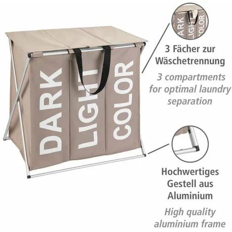 WENKO Panier à Linge 3 Compartiments Trio Top, Panier Linge Sale Avec Compartiment, Inscription Design, Capacité 118L, Polyester - Alu, 57x57x38 Cm, Taupe 5 WENKO Panier à Linge 3 Compartiments Trio Top, Panier Linge Sale Avec Compartiment, Inscription Design, Capacité 118L, Polyester - Alu, 57x57x38 Cm, Taupe – Image 3
