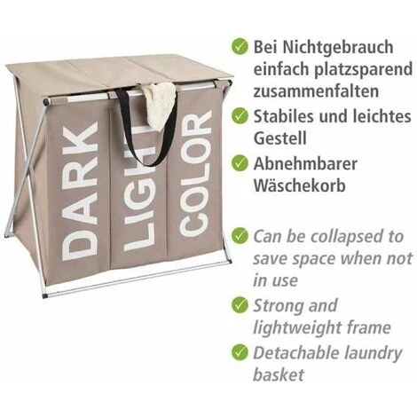 WENKO Panier à Linge 3 Compartiments Trio Top, Panier Linge Sale Avec Compartiment, Inscription Design, Capacité 118L, Polyester - Alu, 57x57x38 Cm, Taupe 6 WENKO Panier à Linge 3 Compartiments Trio Top, Panier Linge Sale Avec Compartiment, Inscription Design, Capacité 118L, Polyester - Alu, 57x57x38 Cm, Taupe – Image 4