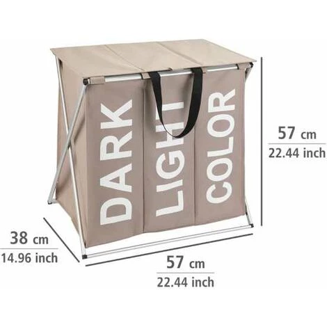 WENKO Panier à Linge 3 Compartiments Trio Top, Panier Linge Sale Avec Compartiment, Inscription Design, Capacité 118L, Polyester - Alu, 57x57x38 Cm, Taupe 7 WENKO Panier à Linge 3 Compartiments Trio Top, Panier Linge Sale Avec Compartiment, Inscription Design, Capacité 118L, Polyester - Alu, 57x57x38 Cm, Taupe – Image 5
